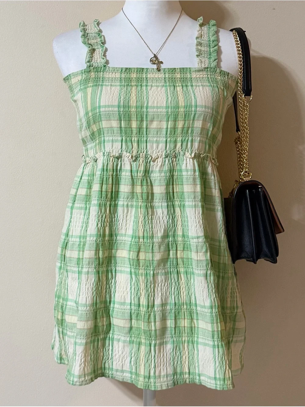 2000s whimsical green plaid KIDS mini dress with ruffle straps and smocked waist